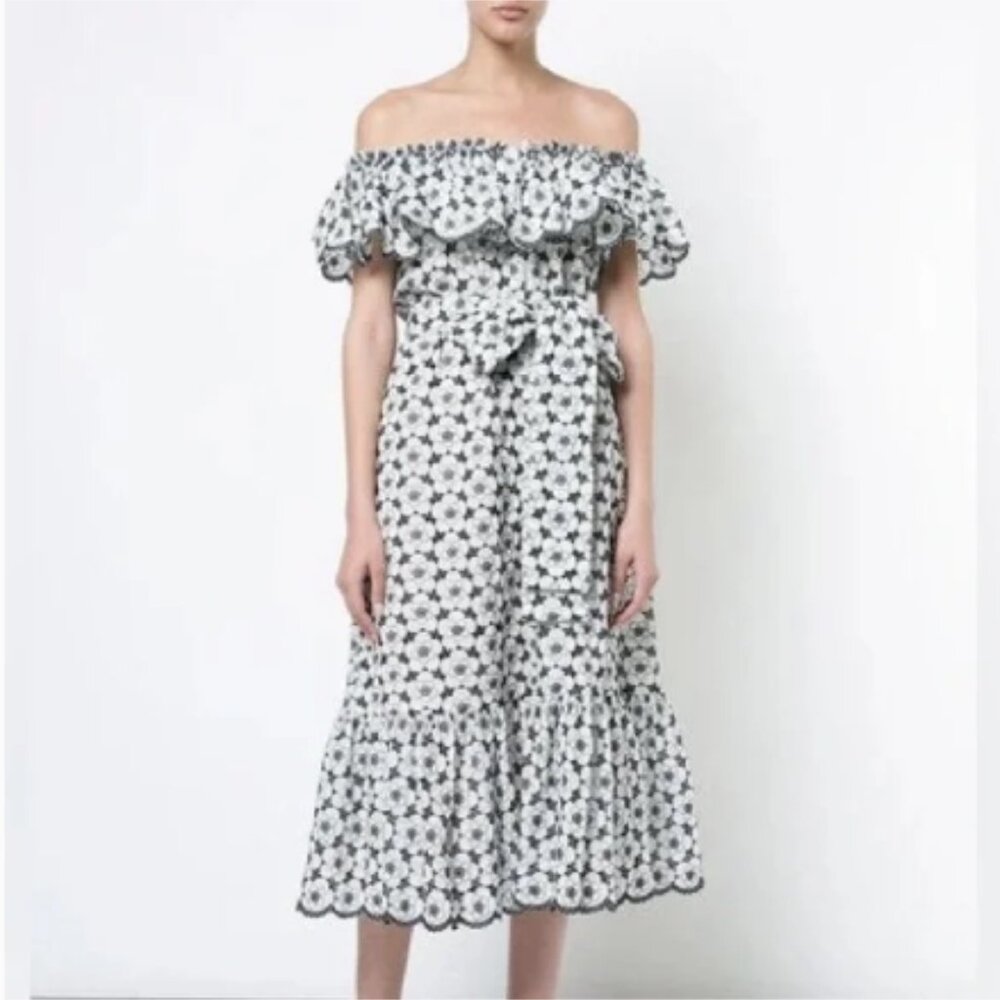Lisa Marie Fernandez White and Black Floral Eyelet Off-Shoulder Midi Dress